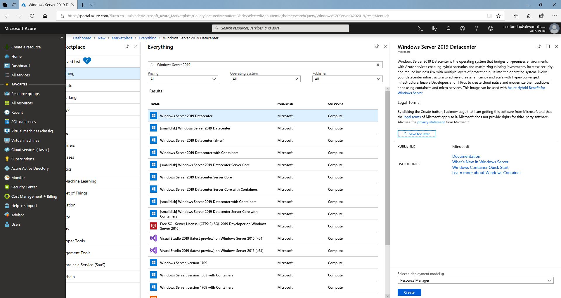 azure windows server 2019 virtual network resource groups install instalar grupo de recursos red virtual public ip aleson itc microsoft base de datos sql server mysql oracle postgresql bi business intelligence azure ssis ssas ssrs Azure SQL Database datawarehouse stretch databases managed instance elastic pool data factory