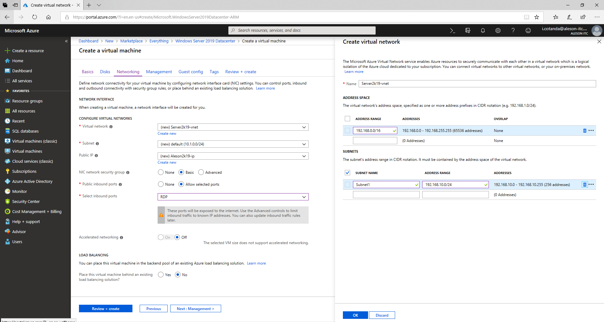 azure windows server 2019 virtual network resource groups install instalar grupo de recursos red virtual public ip aleson itc microsoft base de datos sql server mysql oracle postgresql bi business intelligence azure ssis ssas ssrs Azure SQL Database datawarehouse stretch databases managed instance elastic pool data factory