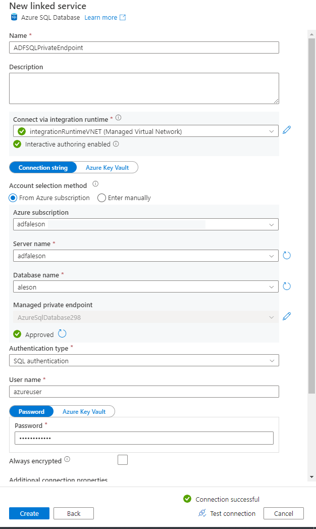 Private Endpoint trough Azure Data Factory and Azure Database