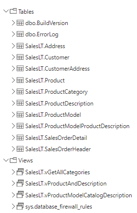 Lista de Tablas en Azure SQL DataBase