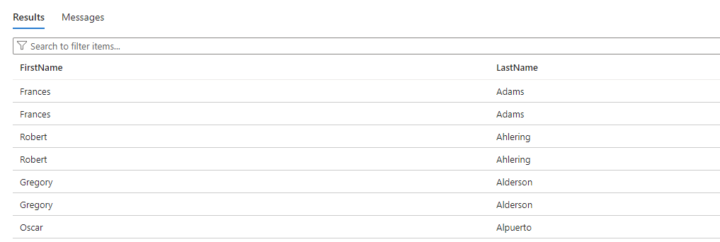 Query Result for Azure DB