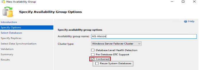 Specify Contained Availability Groups Options